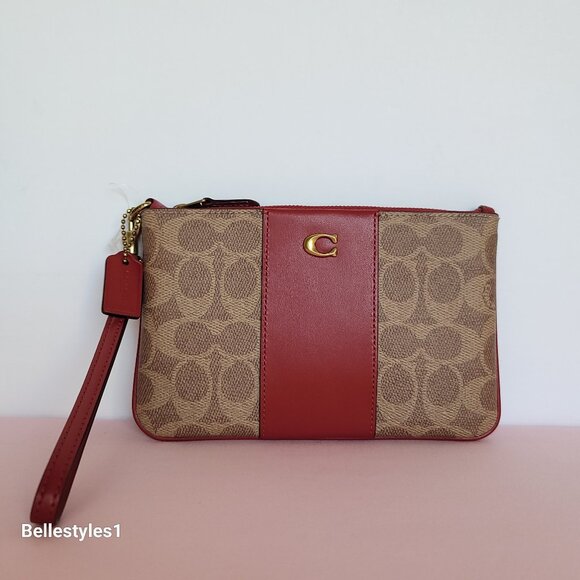 COACH Boxed Small Wristlet in Signature Canvas & Smooth Leather-Tan/Ruby color⭐ - Picture 8 of 16